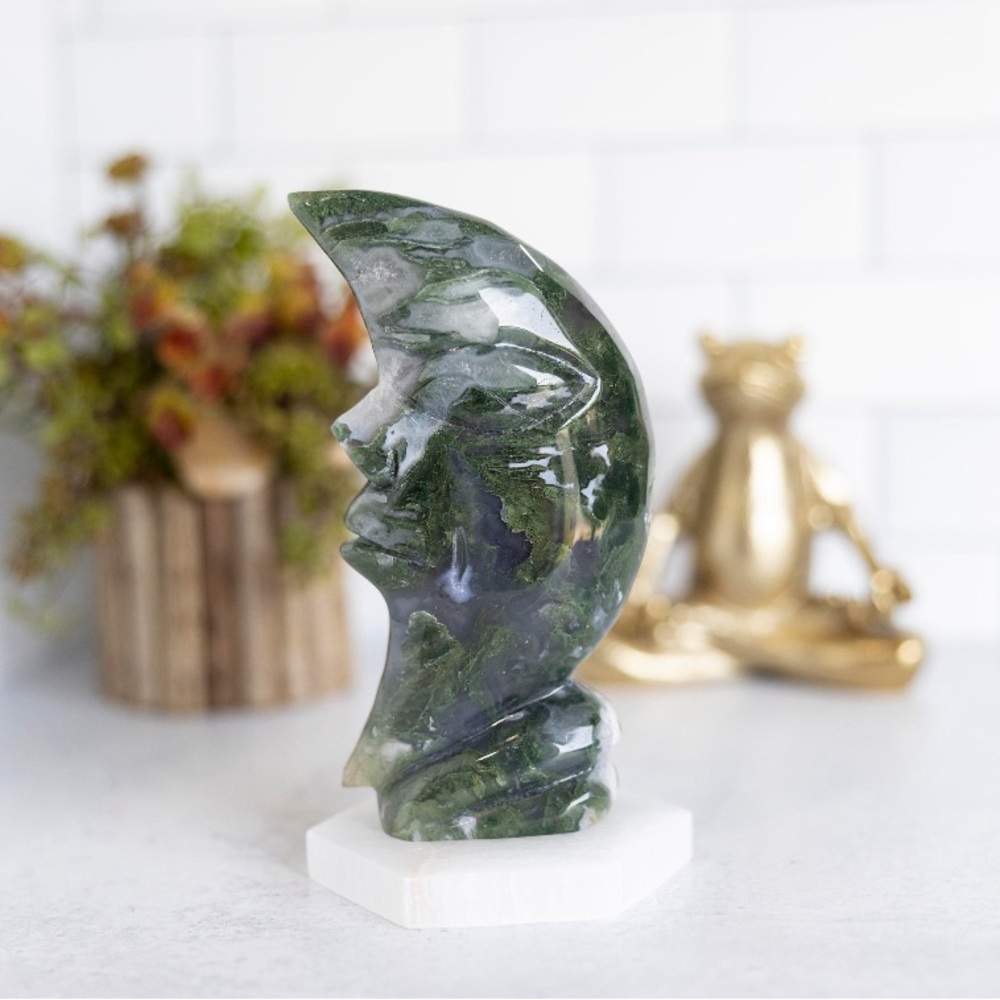 Green Moss Agate Moon Face Crystal - Crescent Moon  - Moon Crystals - Celestial